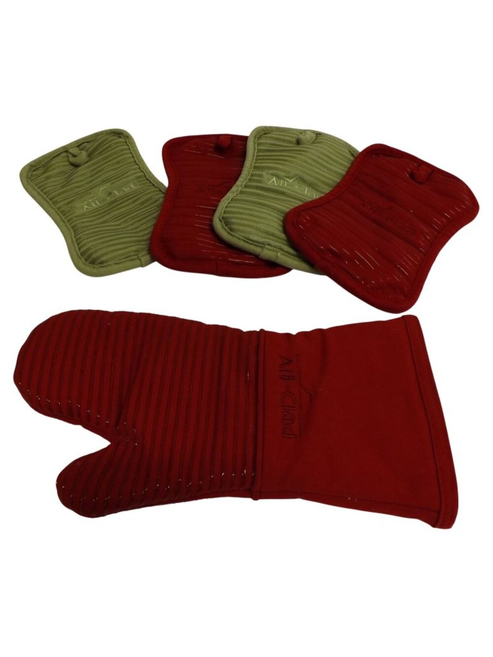 All-Clad Silicone 4 Pot Holder Set And Oven Mitt Red & Olive 5 Pieces Kitchen